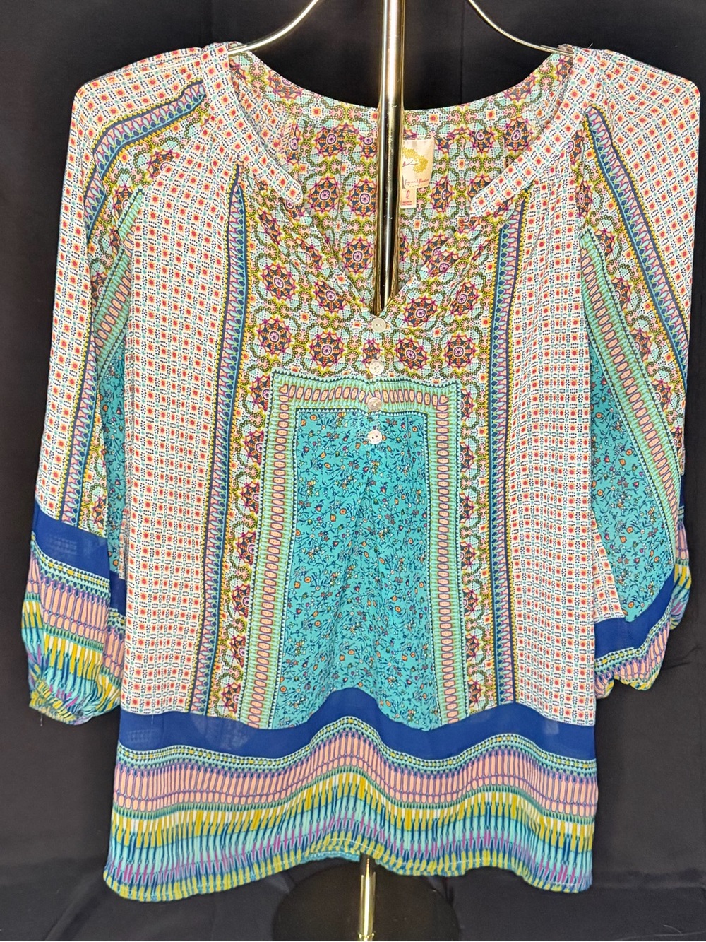 Boho Printed Peasant Blouse in Teal and Multi 0370